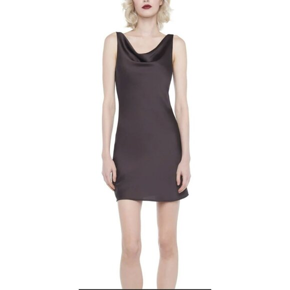 Norma Kamali Chocolate Brown Satin Mini Drape Dress Sz Large NWT - Picture 1 of 10
